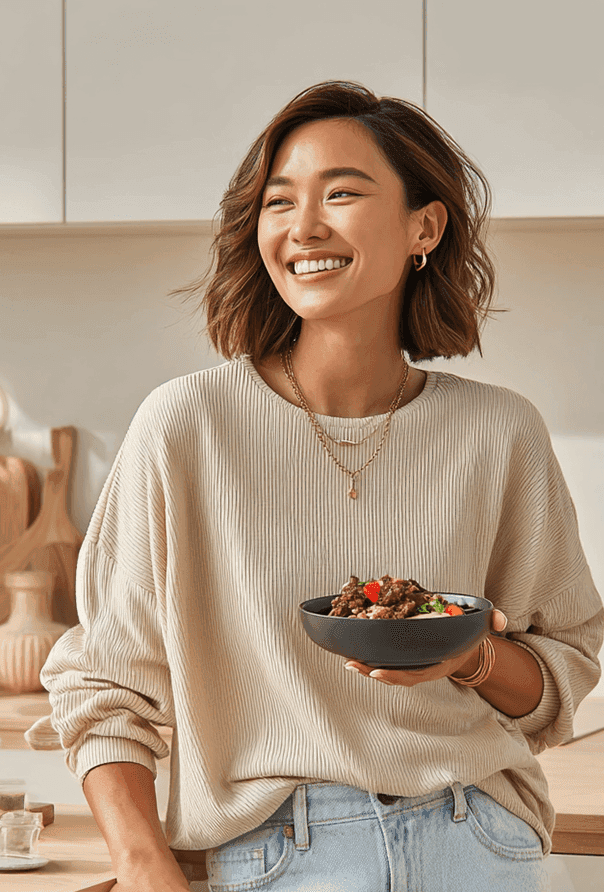 Woman holding a bowl of food