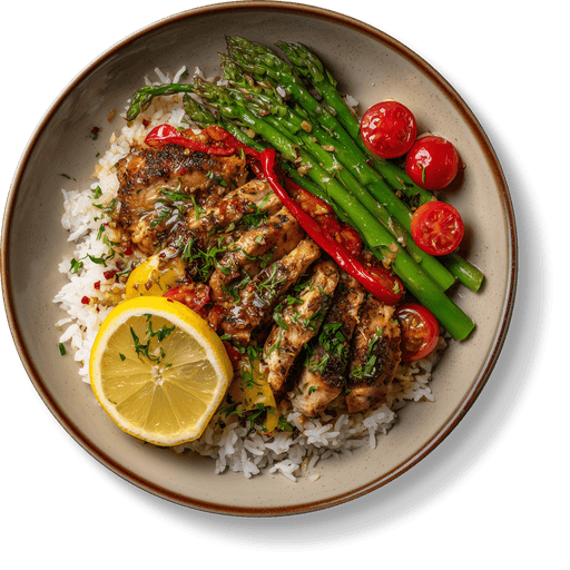 Plated chicken, rice and vegetables
